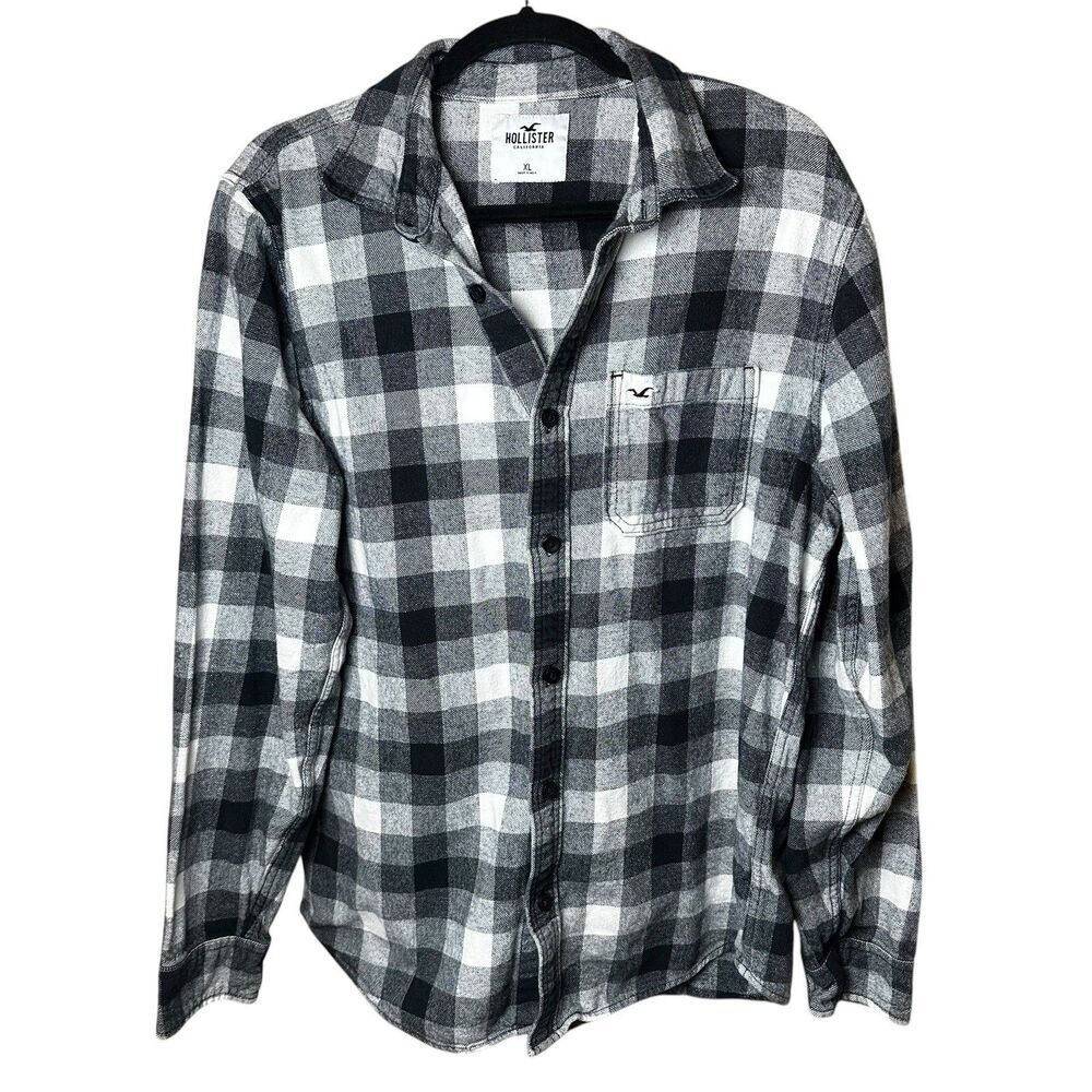Hollister Men's Button Up Check Flannel Shirt XL Black Plaid Classic Grunge